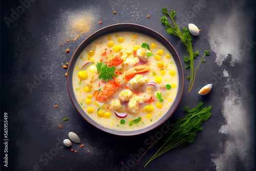 Chowder Crab Soup with shrimps and corn on concrete