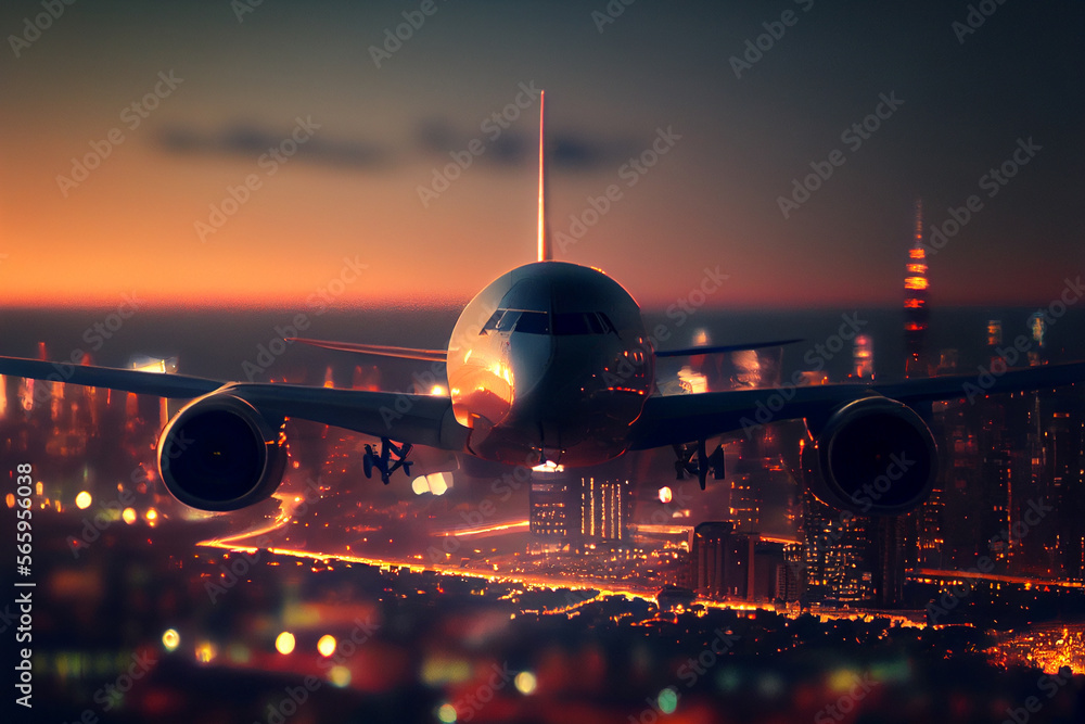 Ein Flugzeug fliegt über eine Großstadt mit wunderschöner Skyline