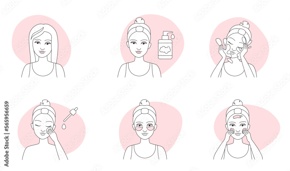Makeup removal guide thin line icons set vector illustration. Outline girls remove beauty products from skin of face, use facial tissue and cotton pads, cleanser and water to clean and care skin Makeup removal guide thin line icons set vector illustration. Outline girls remove beauty products from skin of face, use facial tissue and cotton pads, cleanser and water to clean and care skin