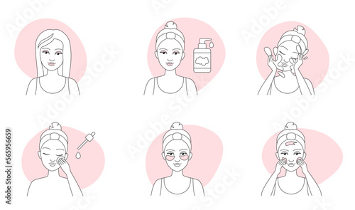 Makeup removal guide thin line icons set vector illustration. Outline girls remove beauty products from skin of face, use facial tissue and cotton pads, cleanser and water to clean and care skin
