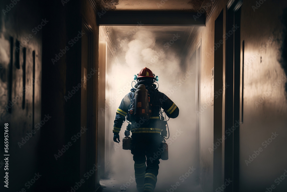 Naklejka premium Sapeur pompier dans un couloir d'immeuble avec de la fumée - illustration ia