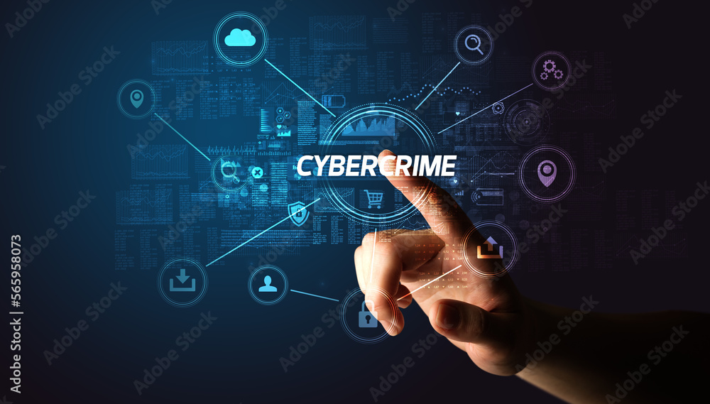 Hand touching cybersecurity button concept Hand touching cybersecurity button concept