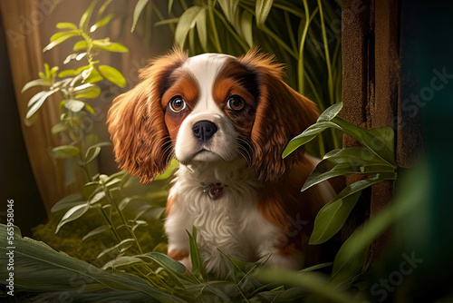 Canvas Print Cavalier King Charlses Spaniel puppy, in the garden, Generative AI