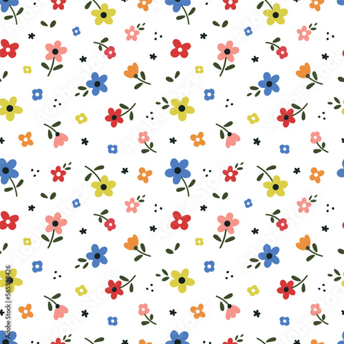 Seamless vector pattern with small and cute flowers, red, blue and yellow. A retro-style fabric ornament with small flowers