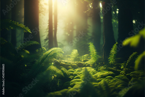 Green forest landscape in sunlight. Generative AI