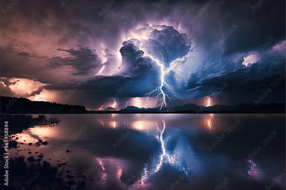  a large cloud with lightning above a lake at night time with a reflection of the sky in the water and a reflection of the clouds in the water.  generative ai