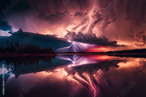  a lightning storm is seen over a lake at night with a reflection in the water and a reflection of trees in the water and a red sky. generative ai