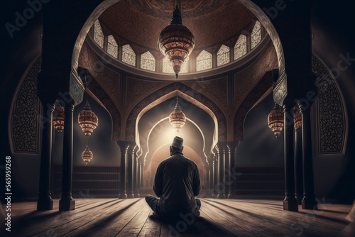 The serenity of a Muslim praying in a mosque during Ramadan, brought to life through Generative AI