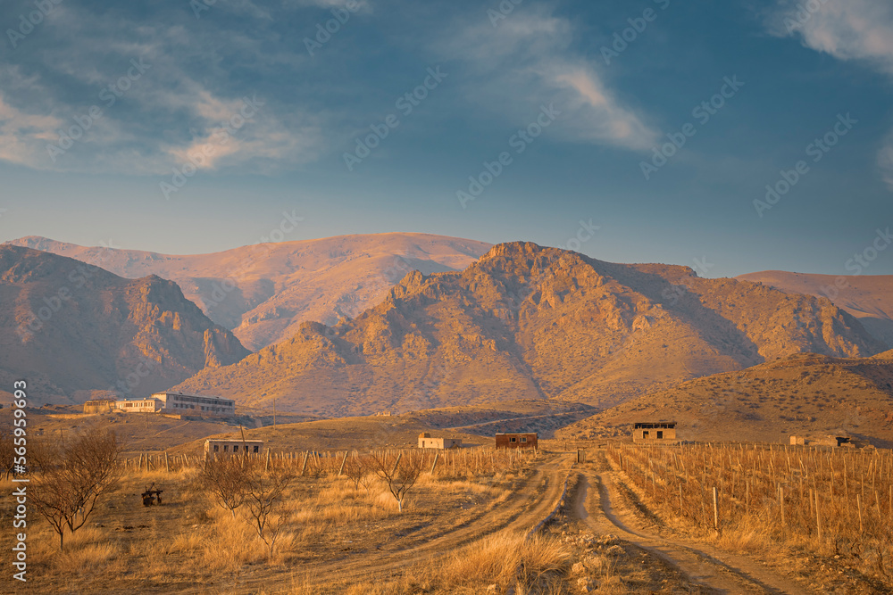 Stunning views of the Caucasus mountains and vineyards during a winter sunset