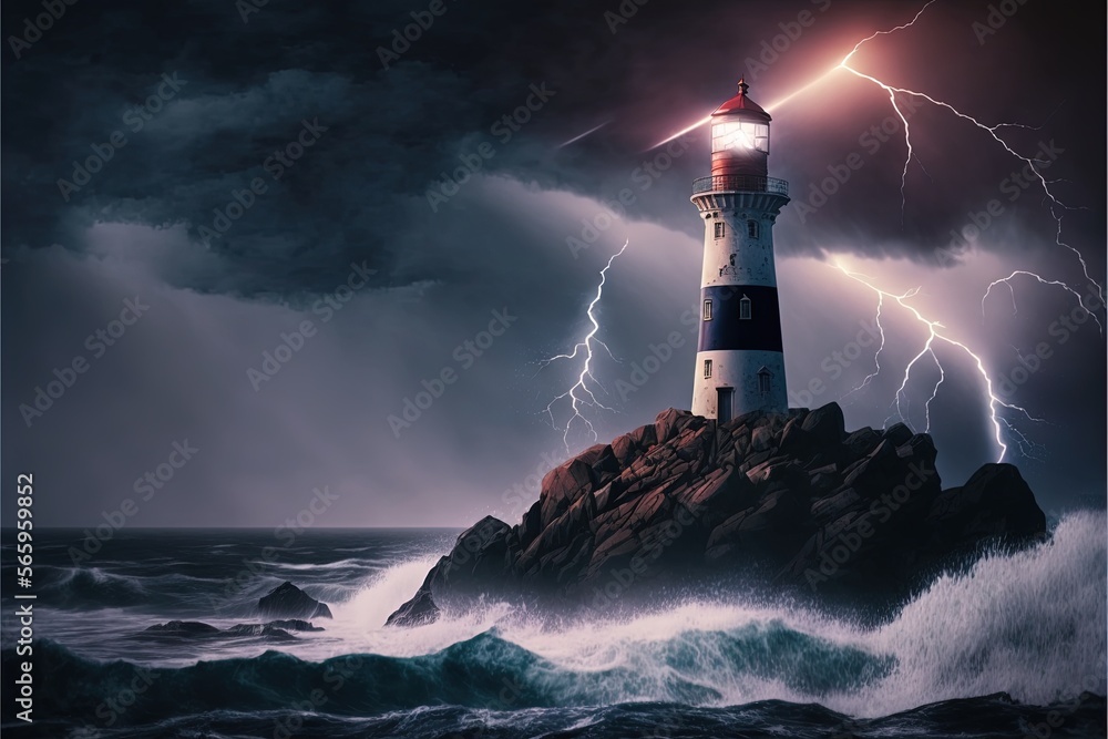  a lighthouse with a lightning bolt in the background and a dark sky above it, with a lightning bolt in the foreground, and a dark ocean with a lighthouse on the rocks.  generative ai