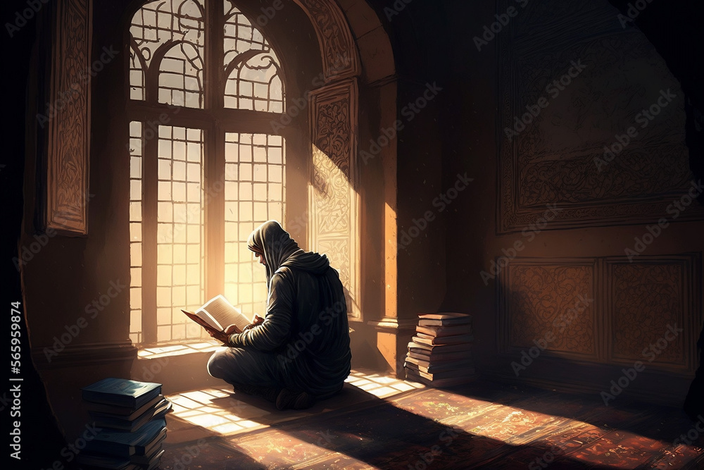 The devotion of a pious Muslim man, captured as he reads the Qur'an in a mosque through Generative AI The devotion of a pious Muslim man, captured as he reads the Qur'an in a mosque through Generative AI