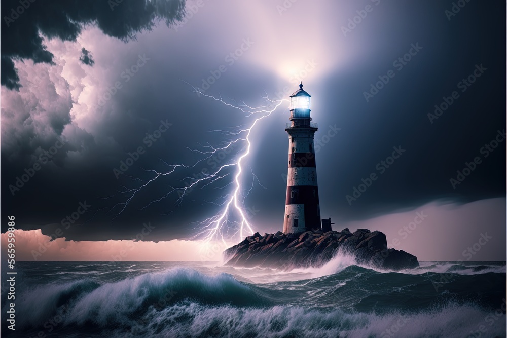  a lighthouse with a lightening bolt in the background and a storm coming in from the sky above it, with a lightning bolt in the sky.  generative ai