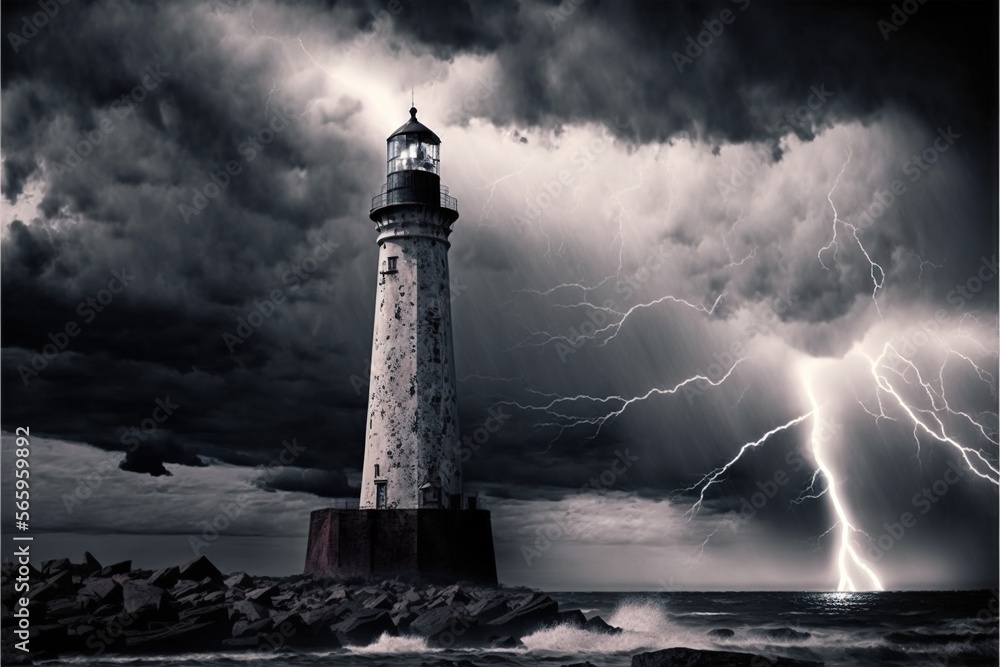  a lighthouse with a lightning bolt in the background and a black and white photo of the lighthouse in the foreground with a dark sky and clouds.  generative ai