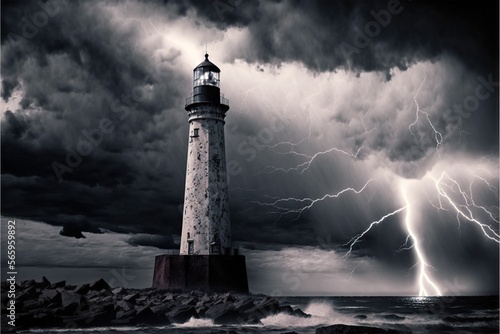  a lighthouse with a lightning bolt in the background and a black and white photo of the lighthouse in the foreground with a dark sky and clouds. generative ai