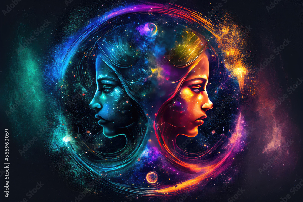 Gemini zodiac sign against space nebula background. Astrology calendar