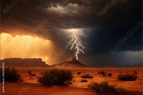  a lightning bolt hitting a mountain in the desert with a sky background and clouds above it, with a desert landscape in the foreground. generative ai