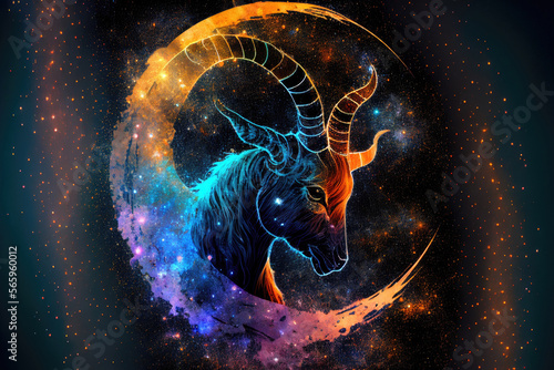 Capricornus zodiac sign against space nebula background. Astrology calendar. Esoteric horoscope and fortune telling concept. Created with Generative AI photo