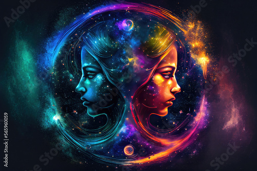 Gemini zodiac sign against space nebula background. Astrology calendar. Esoteric horoscope and fortune telling concept. Created with Generative AI photo