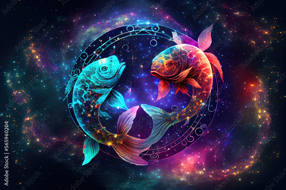 Pisces zodiac sign against space nebula background. Astrology calendar. Esoteric horoscope and fortune telling concept. Created with Generative AI