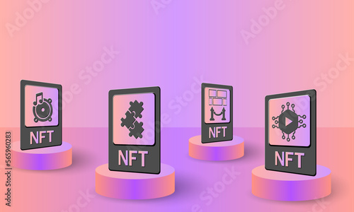 NFT, concept vector illustration of non-fungible tokens. NFT card on podium for banner, poster, website, landing page, advertisement.