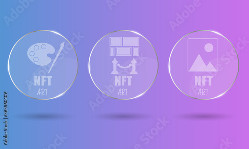 3D NFT token round transparent cards in cryptography. NFT cards with art. A non-fungible token with information from the blockchain. ERC20. vector eps 10