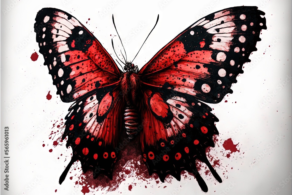 a red and black butterfly with spots on its wings and wings spread out ...