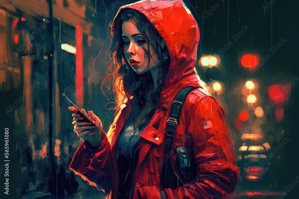 illustration painting of lonely woman with red shirst and using mobile or smartphone in abandoned city, digital painting. (ai generated)