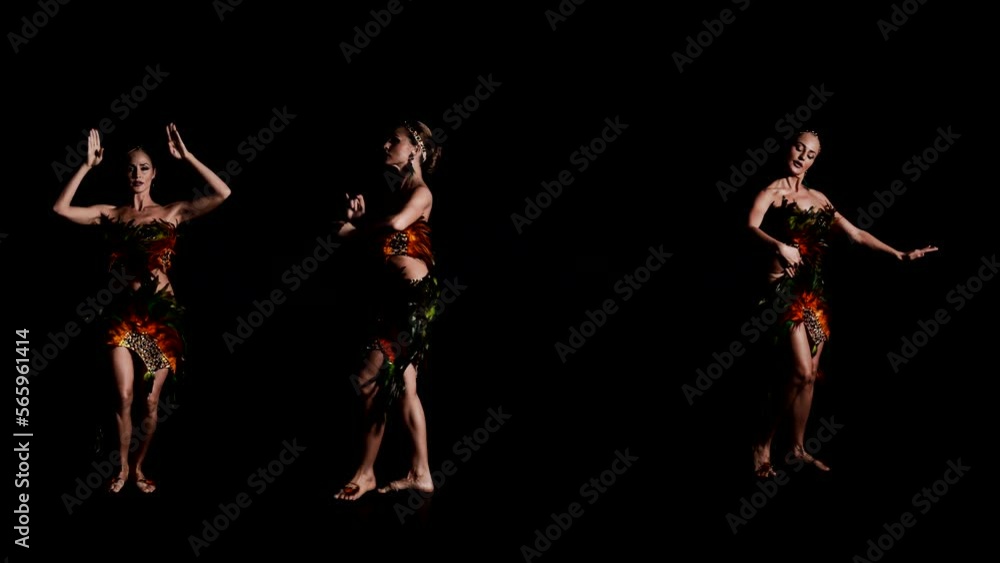 three female figure in black background, lady dancing extravagant dance, triple collage three female figure in black background, lady dancing extravagant dance, triple collage
