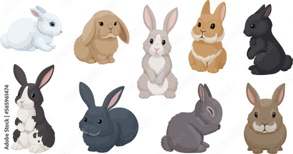 Vector set of cute rabbits in cartoon style. Decorative bunnies in ...