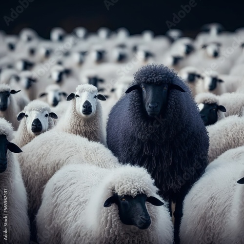 A flock of white sheep with one black sheep (Generative AI)