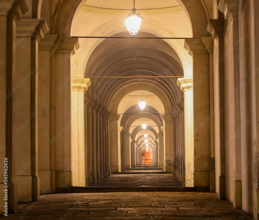 arcades leading to the Basilica called DI MONTE BERICO in the City of Vicenza in Northern Italy at night