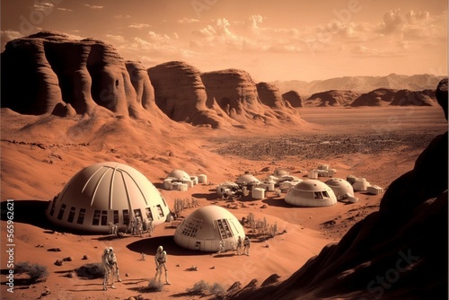 Fototapeta A futuristic colony on Mars, with astronauts exploring the craters