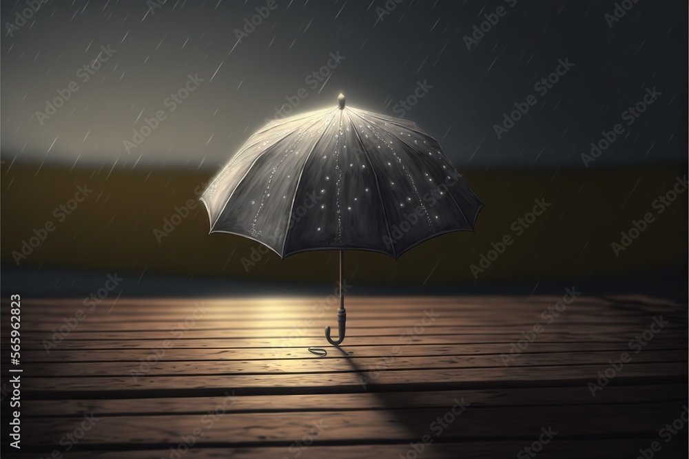  a person holding an umbrella on a wooden deck in the rain at night with the sun shining through the umbrella and the floor below it.  generative ai