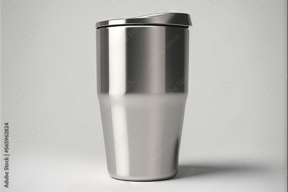 a stainless steel cup with a lid on a white background with a shadow on the ground and a gray background with a shadow on the floor. generative ai a stainless steel cup with a lid on a white background with a shadow on the ground and a gray background with a shadow on the floor. generative ai