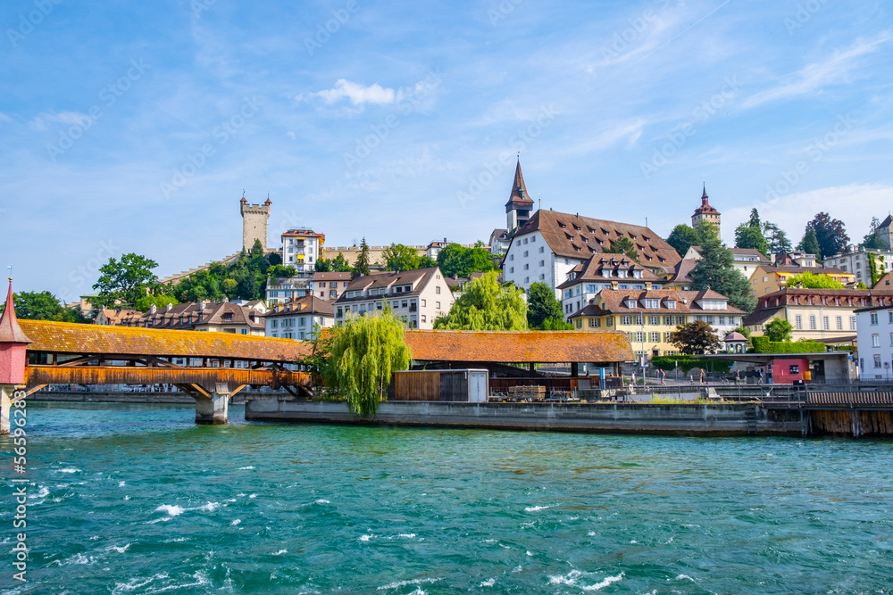 Scenic summer aerial panorama of the Old Town medieval architecture in Lucerne, Switzerland