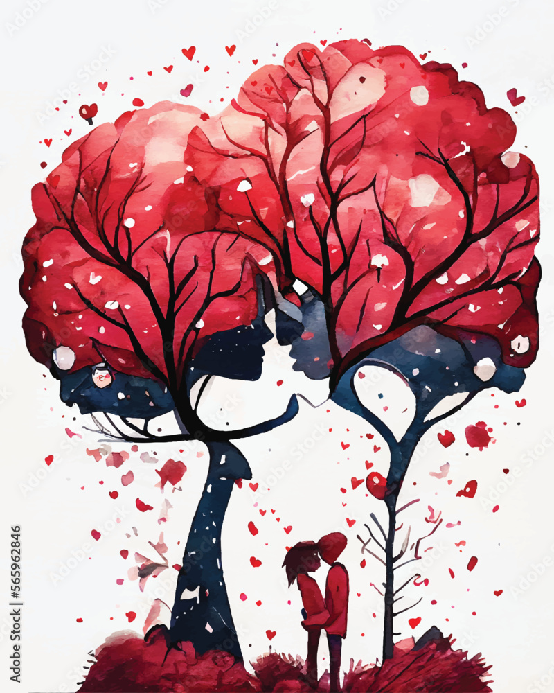 Couple in love hugging and kissing, Watercolor illustration of kissing ...