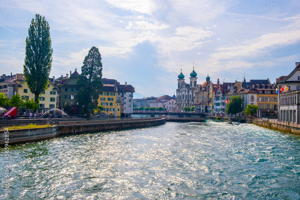 Scenic summer aerial panorama of the Old Town medieval architecture in Lucerne, Switzerland