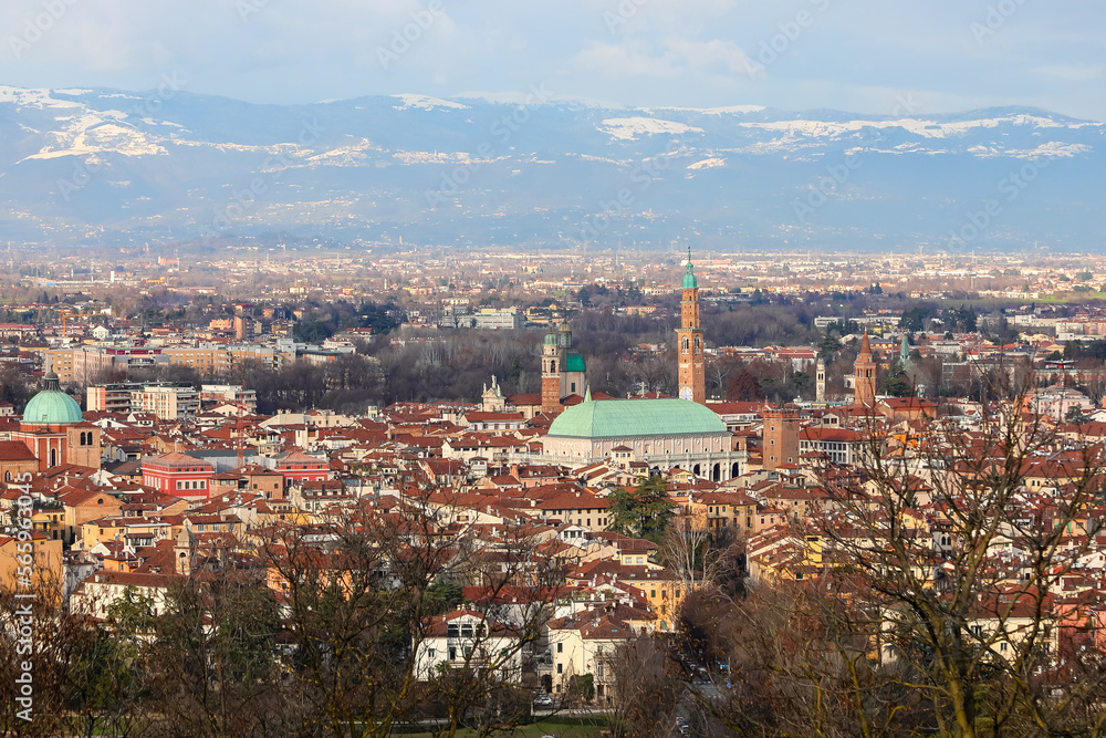 Panorama of VICENZA city in Italy and the famous monument called BASILICA PALLADIANA with the tower Panorama of VICENZA city in Italy and the famous monument called BASILICA PALLADIANA with the tower