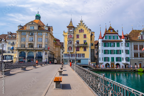 Scenic summer aerial panorama of the Old Town medieval architecture in Lucerne, Switzerland