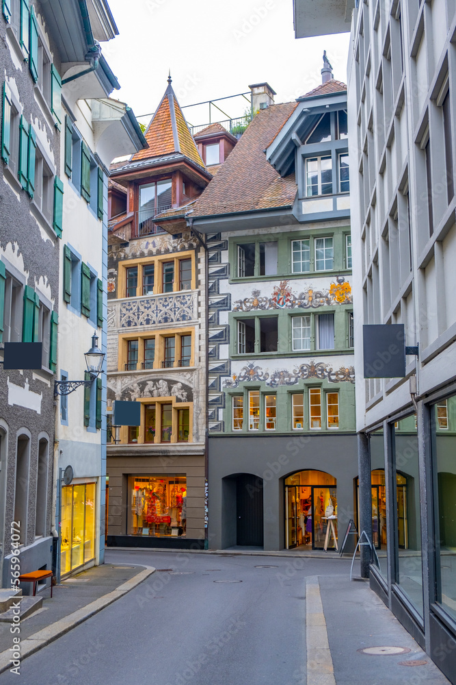 Scenic summer aerial panorama of the Old Town medieval architecture in Lucerne, Switzerland