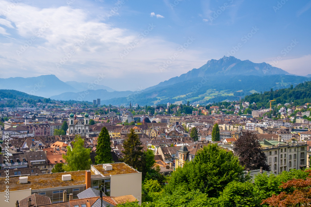 Scenic summer aerial panorama of the Old Town medieval architecture in Lucerne, Switzerland
