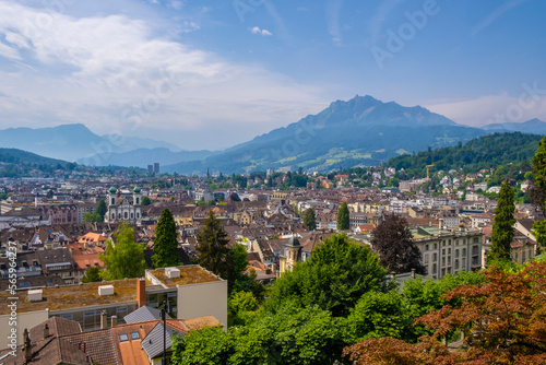 Obraz na płótnie Scenic summer aerial panorama of the Old Town medieval architecture in Lucerne, Switzerland w salonie
