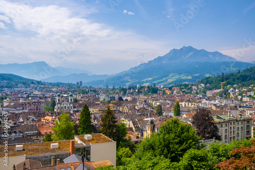 Obraz na płótnie Scenic summer aerial panorama of the Old Town medieval architecture in Lucerne, Switzerland w salonie