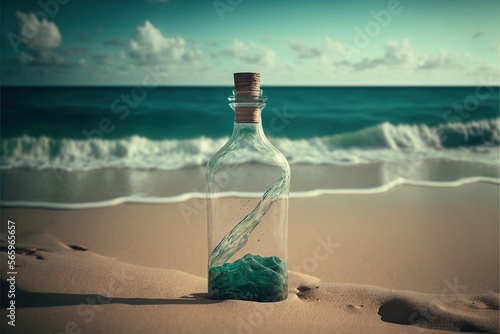  a bottle with a green substance inside of it on a beach near the ocean and a wave coming in from the ocean behind it,. generative ai