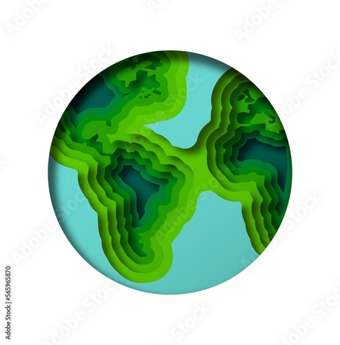 Fototapeta Naklejka Na Ścianę i Meble -  Colorful paper cut earth planet map on isolated background. Green 3d papercut globe sphere illustration with america and africa continent for environment care or international concept.