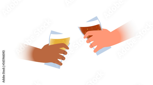 Foto Two diverse friend hands making celebration toast with cold beer glass together on isolated background