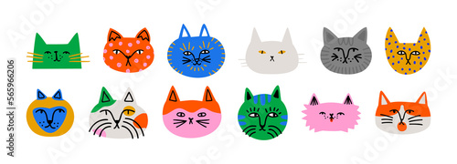 Funny cat animal head cartoon set in colorful flat illustration style. Cute kitten pet collection, diverse domestic cats.	
