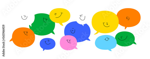Diverse colorful chat bubble character  set. Multi color rainbow cartoon text balloon collection in funny children doodle style. Friendly team work or group conversation concept. photo