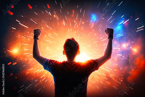 Gamer celebrating victory. Winning an eSports game. generative ai. Electronic sports player rejoices victory in e-sports tournament