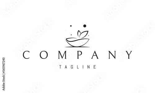 Vector logo on which an abstract image of a bowl with two leaves in a linear style.